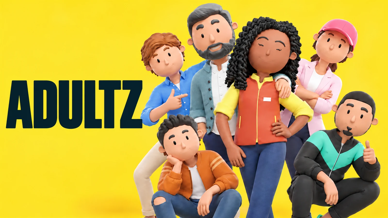 ADULTZ: six modular adult characters on a yellow background