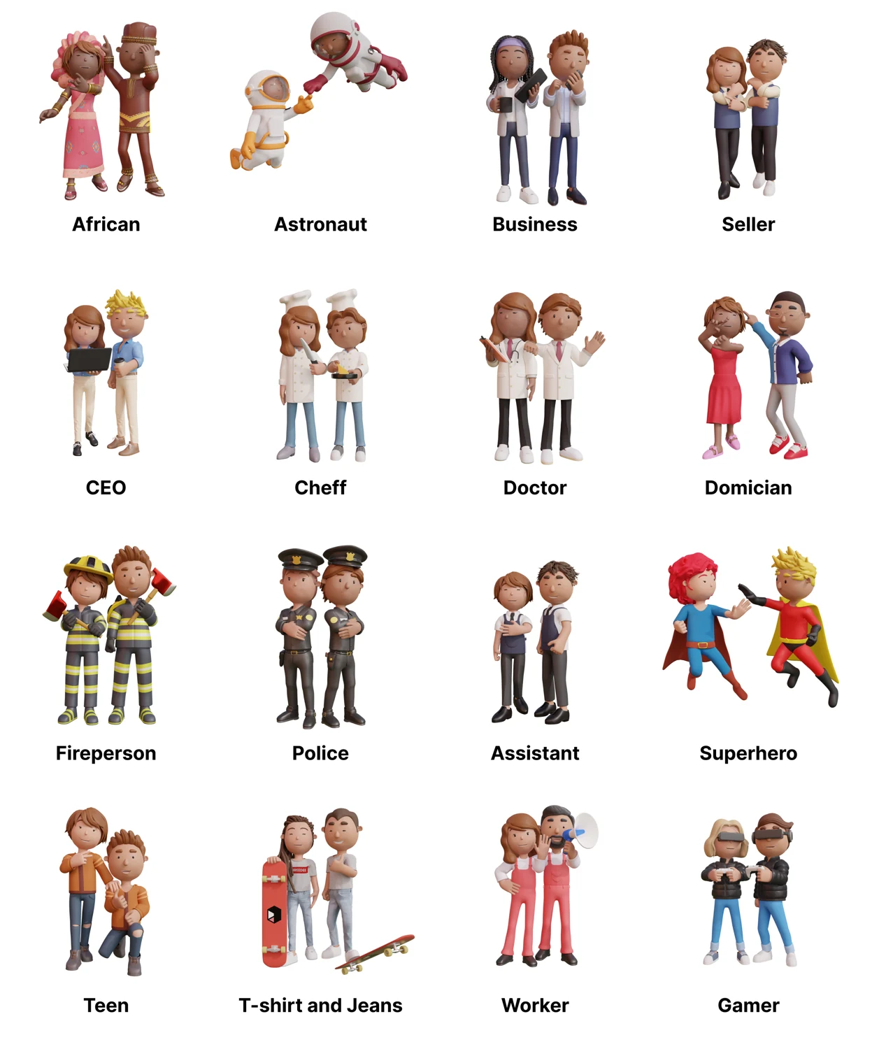 Adultz outfit examples including business, doctor, police, astronaut and gamer characters