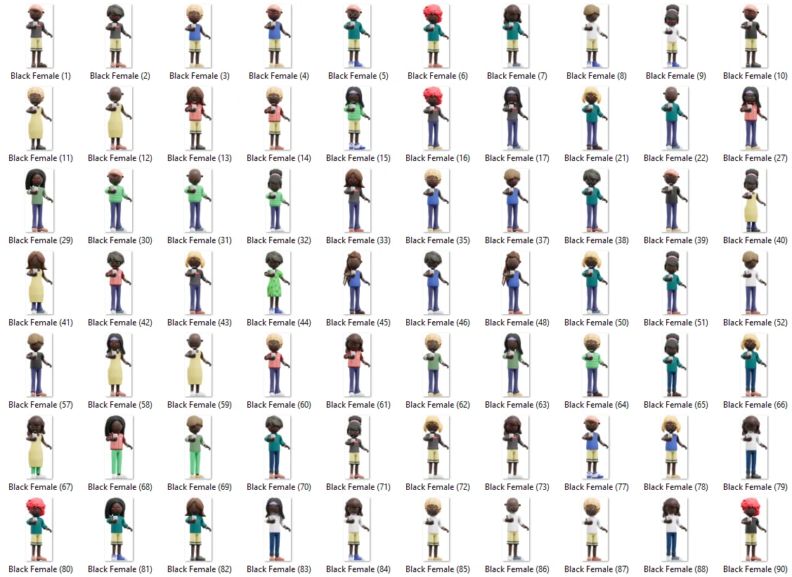 Examples of rendered Adultz PNGs in different outfits