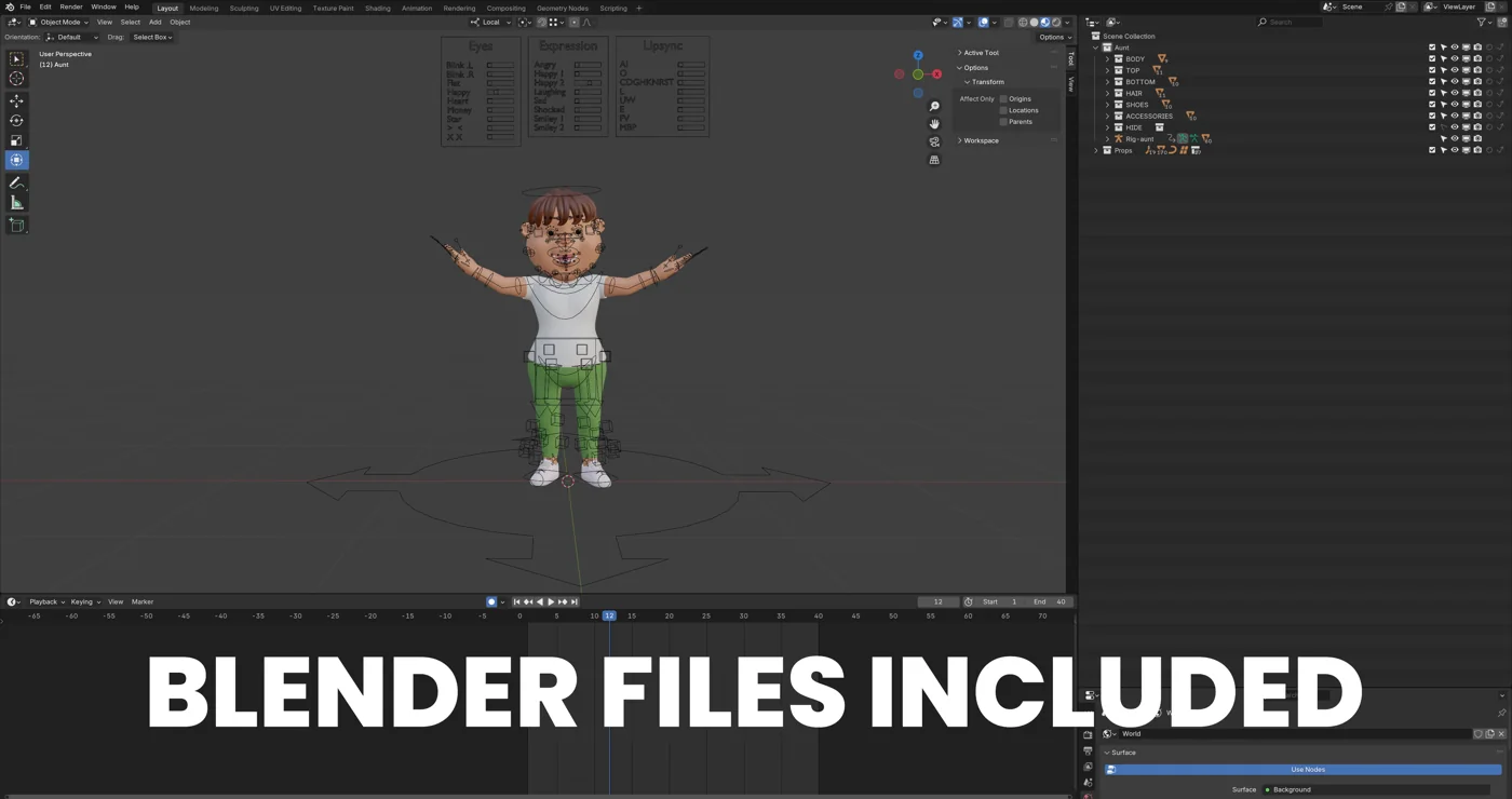 Auntz and Unclez source character with Blender rig controls