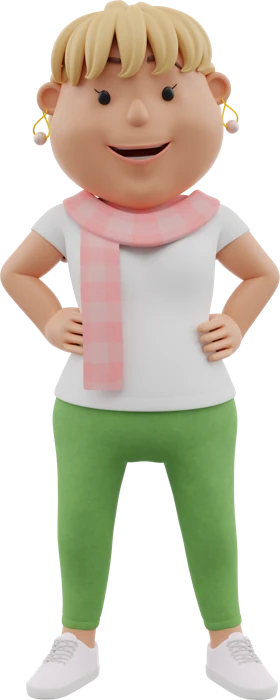 Aunt with blonde hair, pink scarf, white top and green trousers, hands on hips in the same standing pose