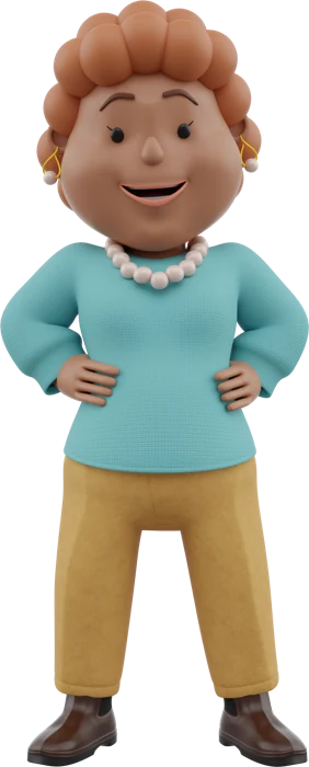 Aunt with curled brown hair, teal sweater and mustard trousers, hands on hips in the same standing pose