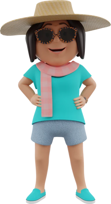 Aunt with a sunhat, sunglasses, turquoise top and blue shorts, hands on hips in the same standing pose