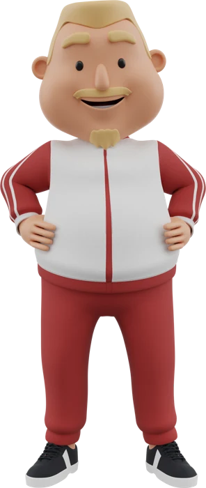 Uncle with blonde hair and a red tracksuit, hands on hips in the same standing pose