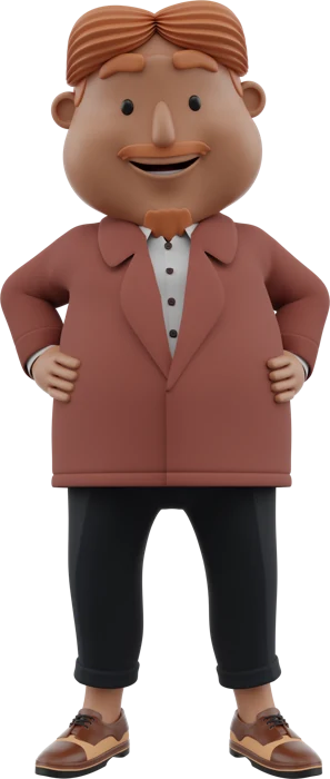 Uncle with brown hair, brown jacket and black trousers, hands on hips in the same standing pose