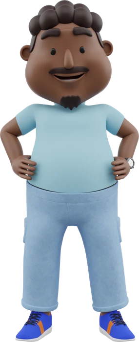 Uncle with curly hair, light blue tank top and jeans, hands on hips in the same standing pose