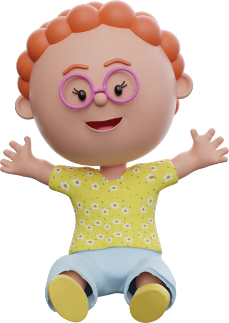 Baby girl with red curled hair, glasses and a flowered shirt, in the same pose