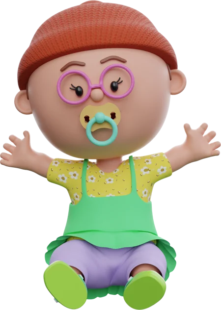 Baby girl with red beanie, glasses and green overalls, in the same pose