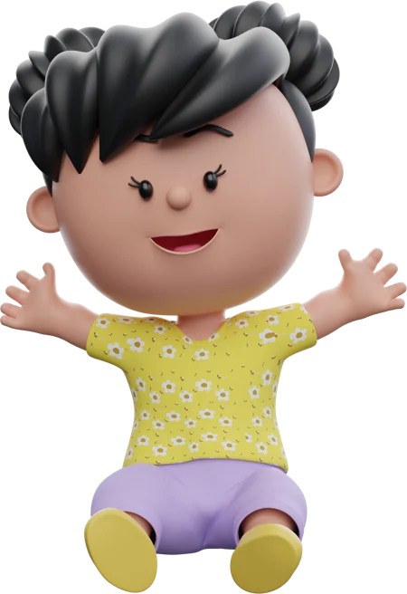 Baby girl with black hair and purple shorts, in the same pose