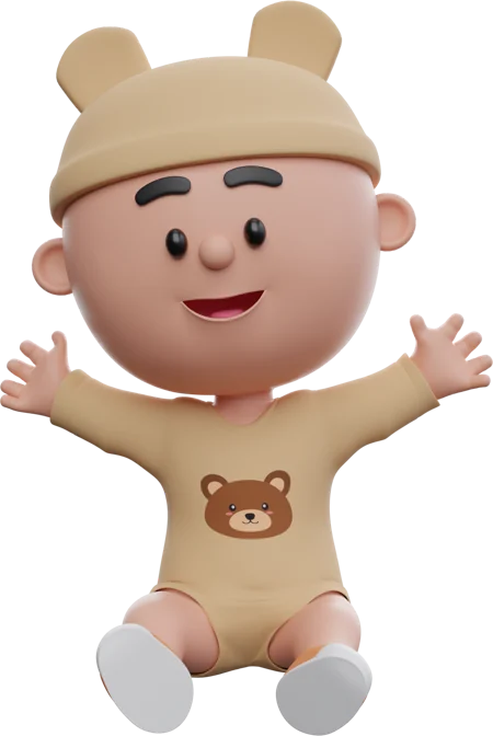 Baby boy in a bear hat and beige bodysuit, in the same pose