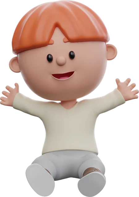 Baby boy with orange hair, a white shirt and gray trousers, in the same pose