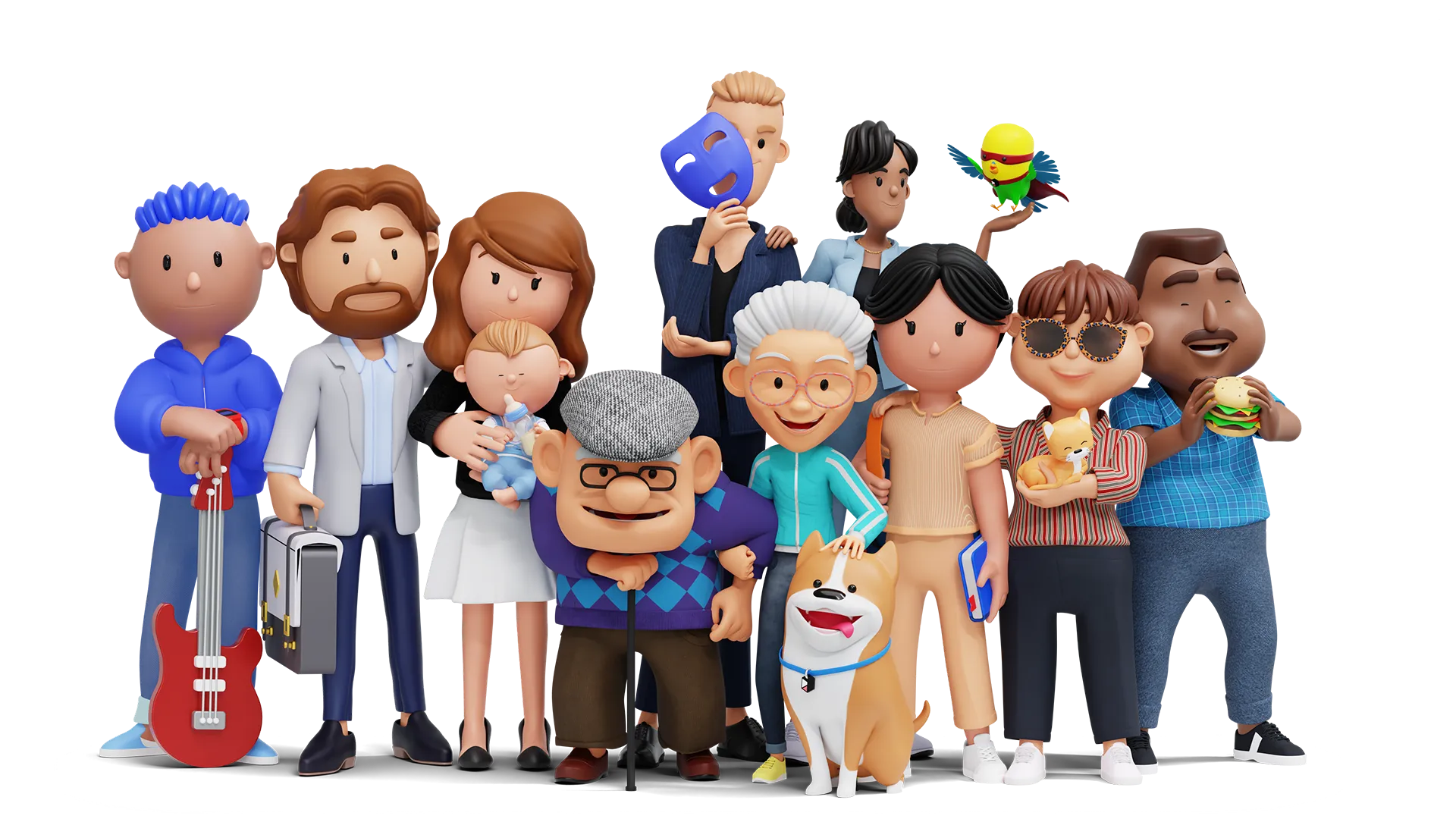 Original Characterz ensemble, preserving the original character head shapes, dog and collar tag