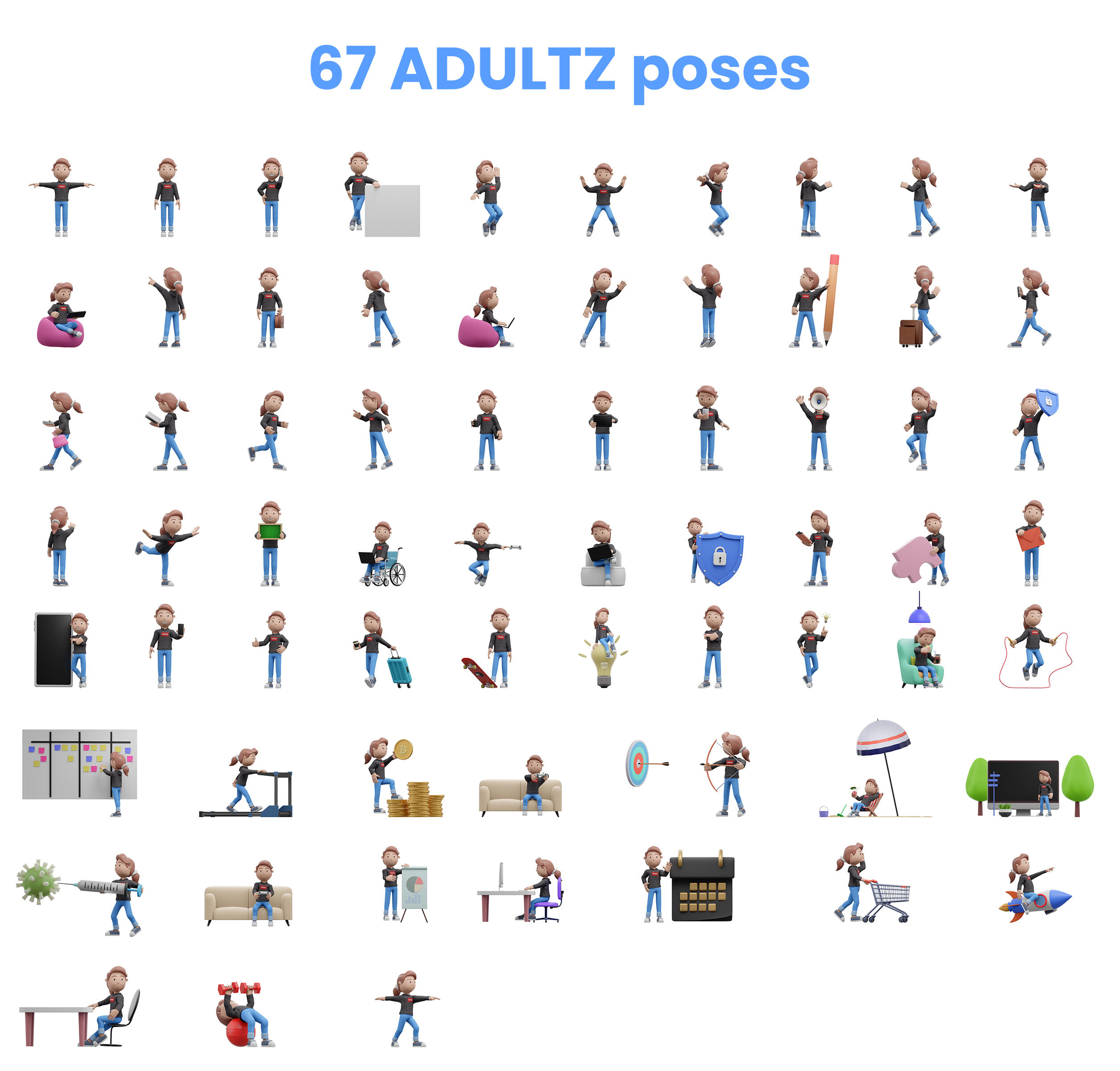Adultz pose sheet showing standing, walking, working, presenting and action poses