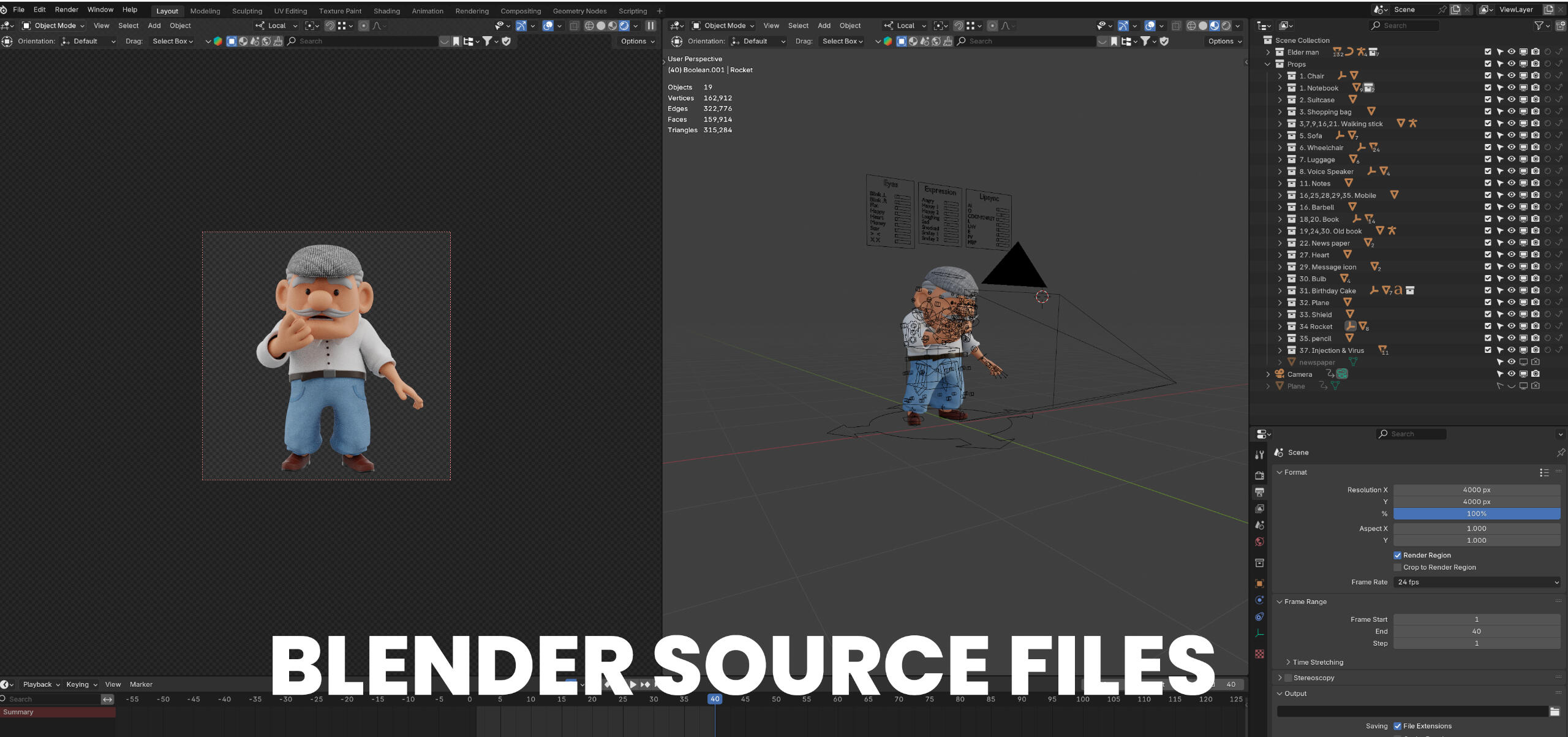 Elderz character with editable scene and rig controls in Blender