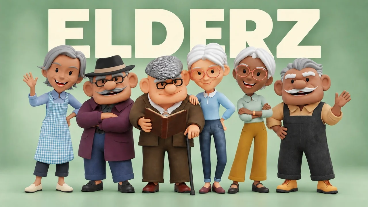 ELDERZ: a cast of stylized elder characters with varied outfits and hair