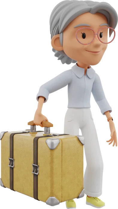 Elder woman with glasses, pale blue shirt and white trousers, in the same pose