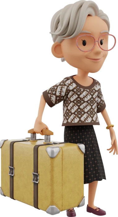 Elder woman in a patterned top and black skirt, in the same pose
