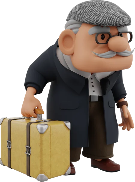 Elder man in a flat cap and dark coat, in the same pose