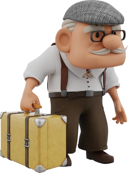 Elder man in a flat cap, white shirt and suspenders, in the same pose