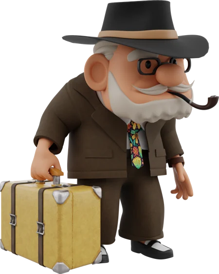 Elder man in a fedora, brown coat and patterned tie, in the same pose