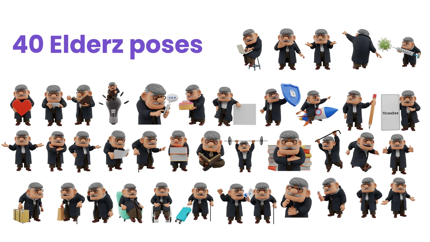Forty original Elderz poses with different outfits and props