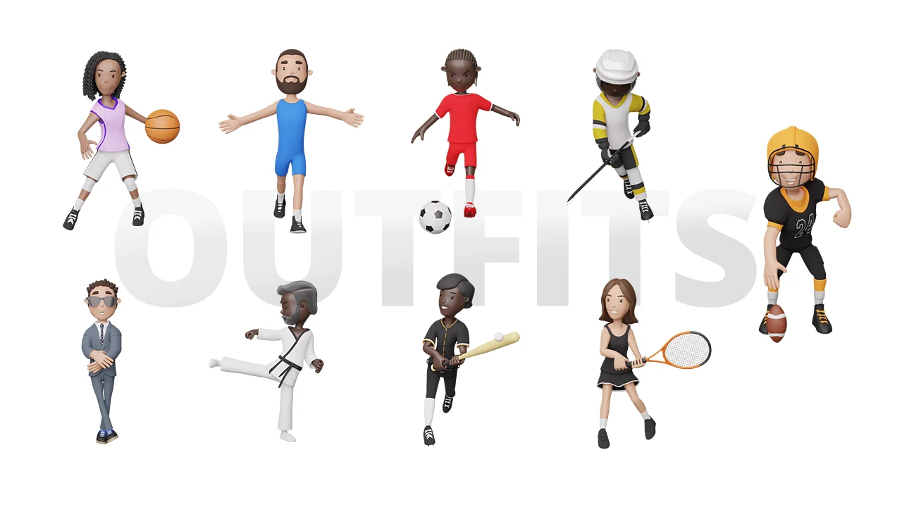 Original Fit body characters showing the nine sports and business outfit themes