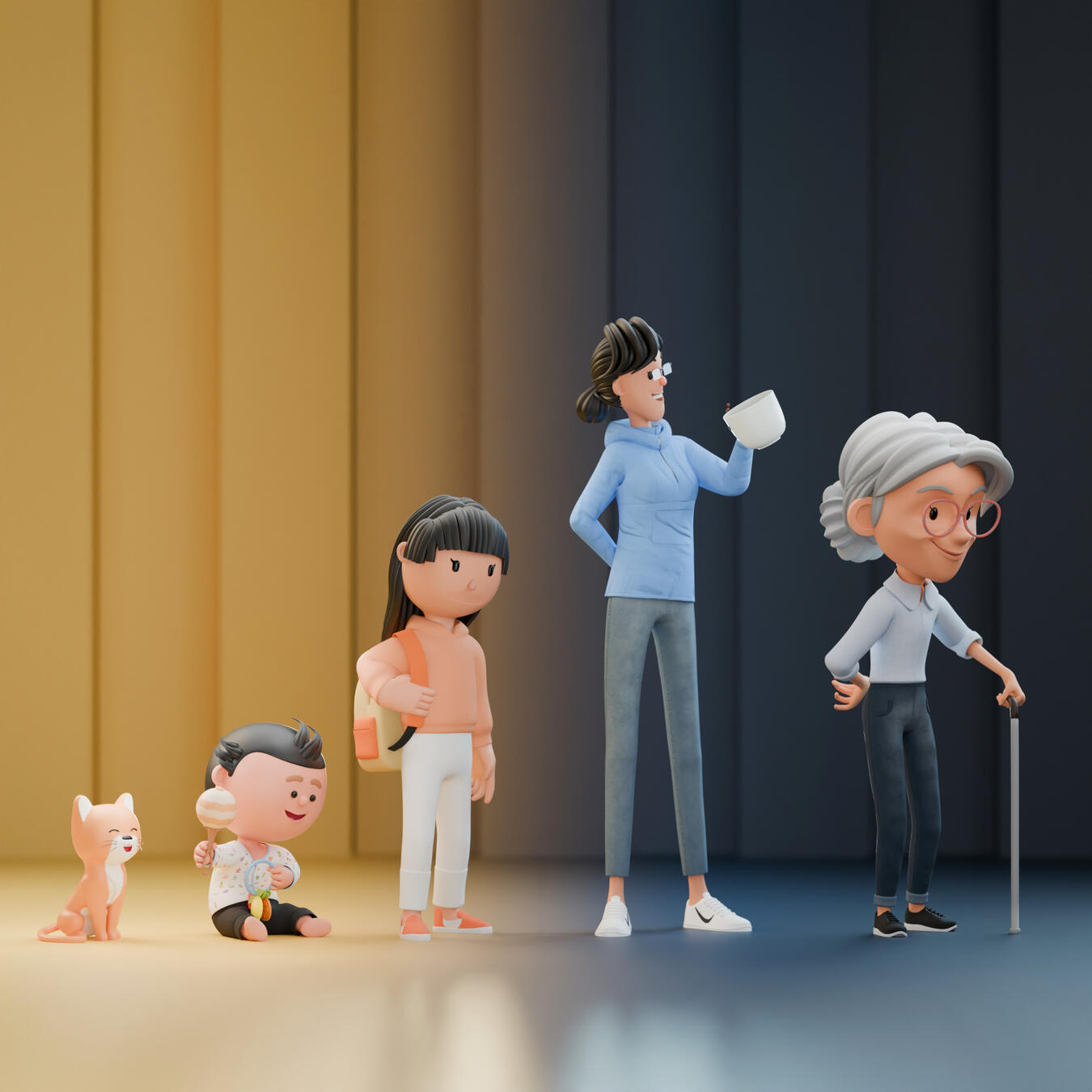 3D cartoon baby to 3D elder female