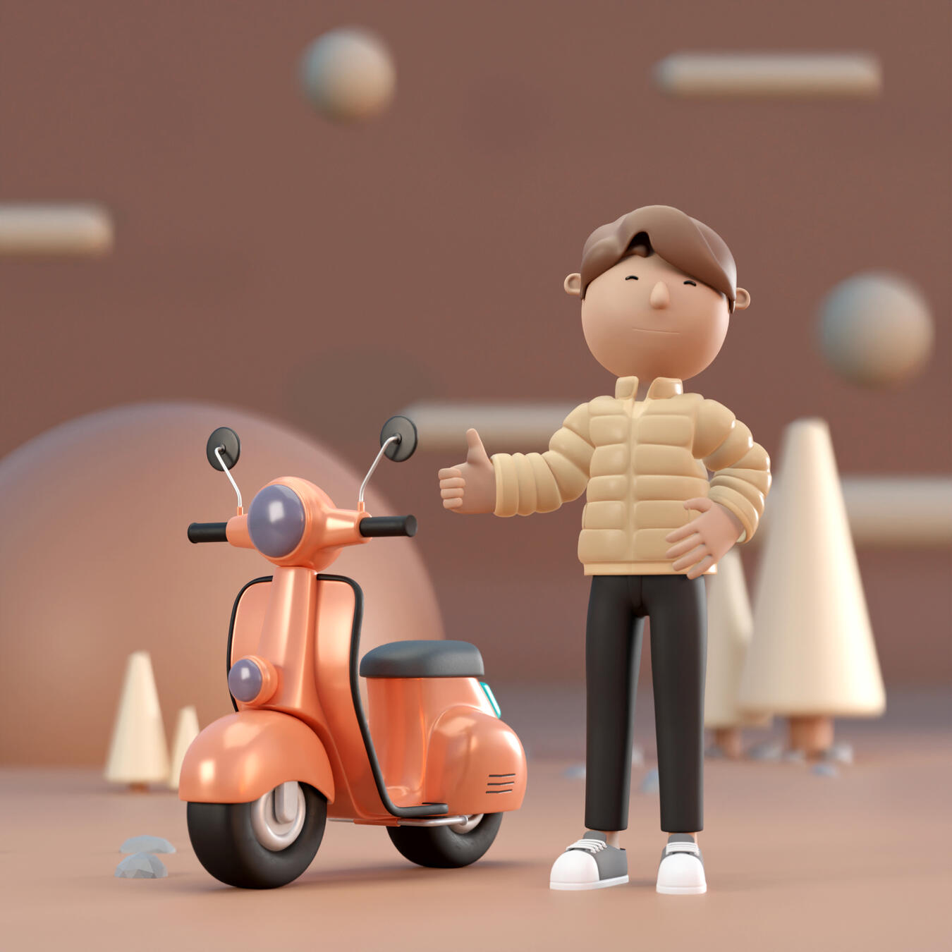 Cartoon 3D illustration of 3D male model standing next to cartoon 3D Vespa