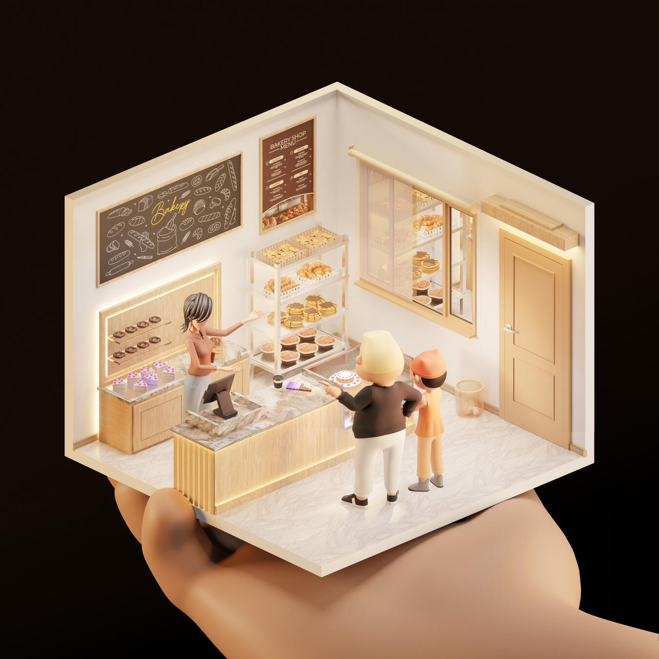 3D illustration of cartoon stylized 3D bakery with 3D character models