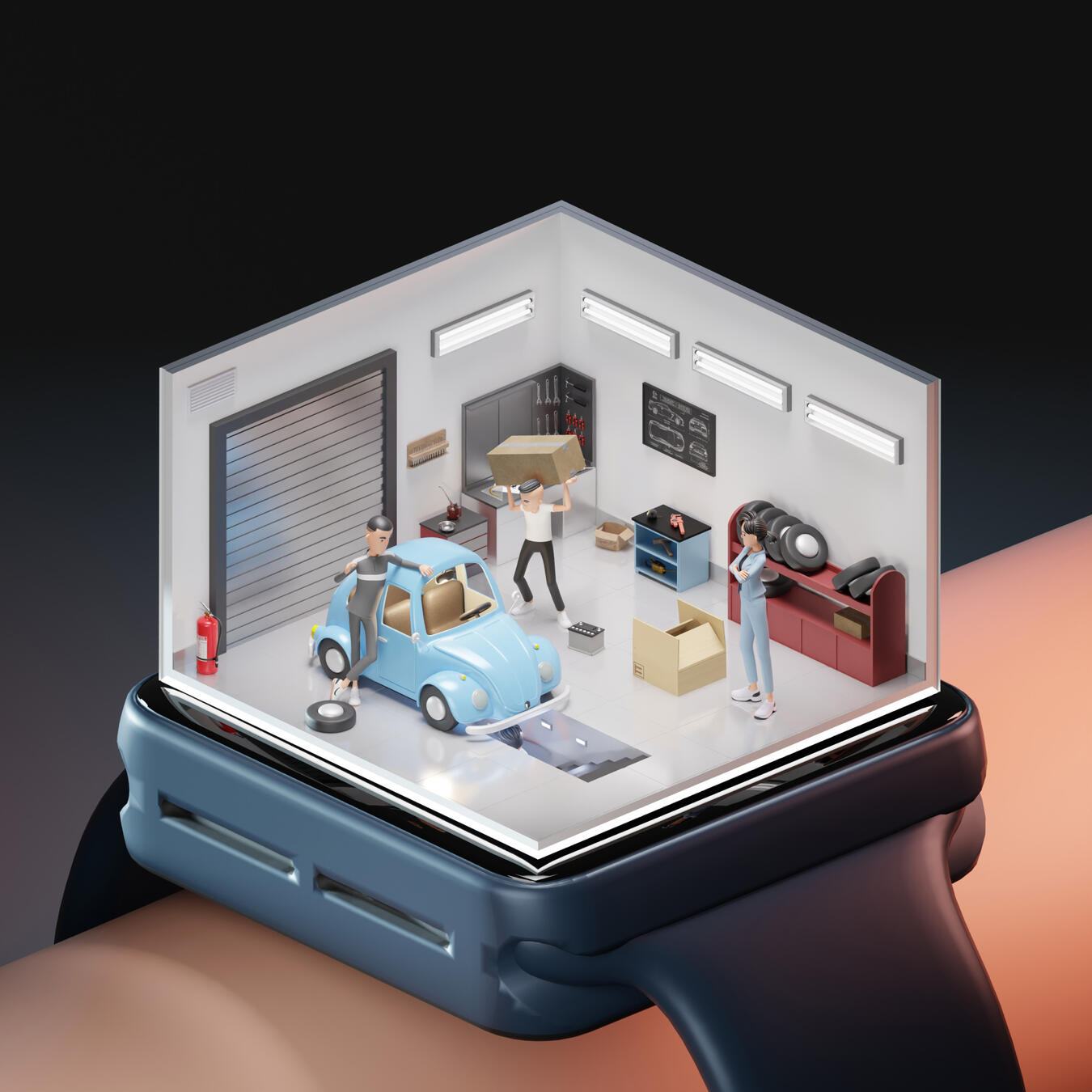 3D repair shop with 3D cartoon characters inside the Apple iwatch