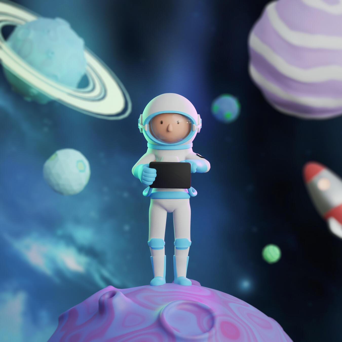 3D Astronaut model of cute cartoon character on top of the 3D moon