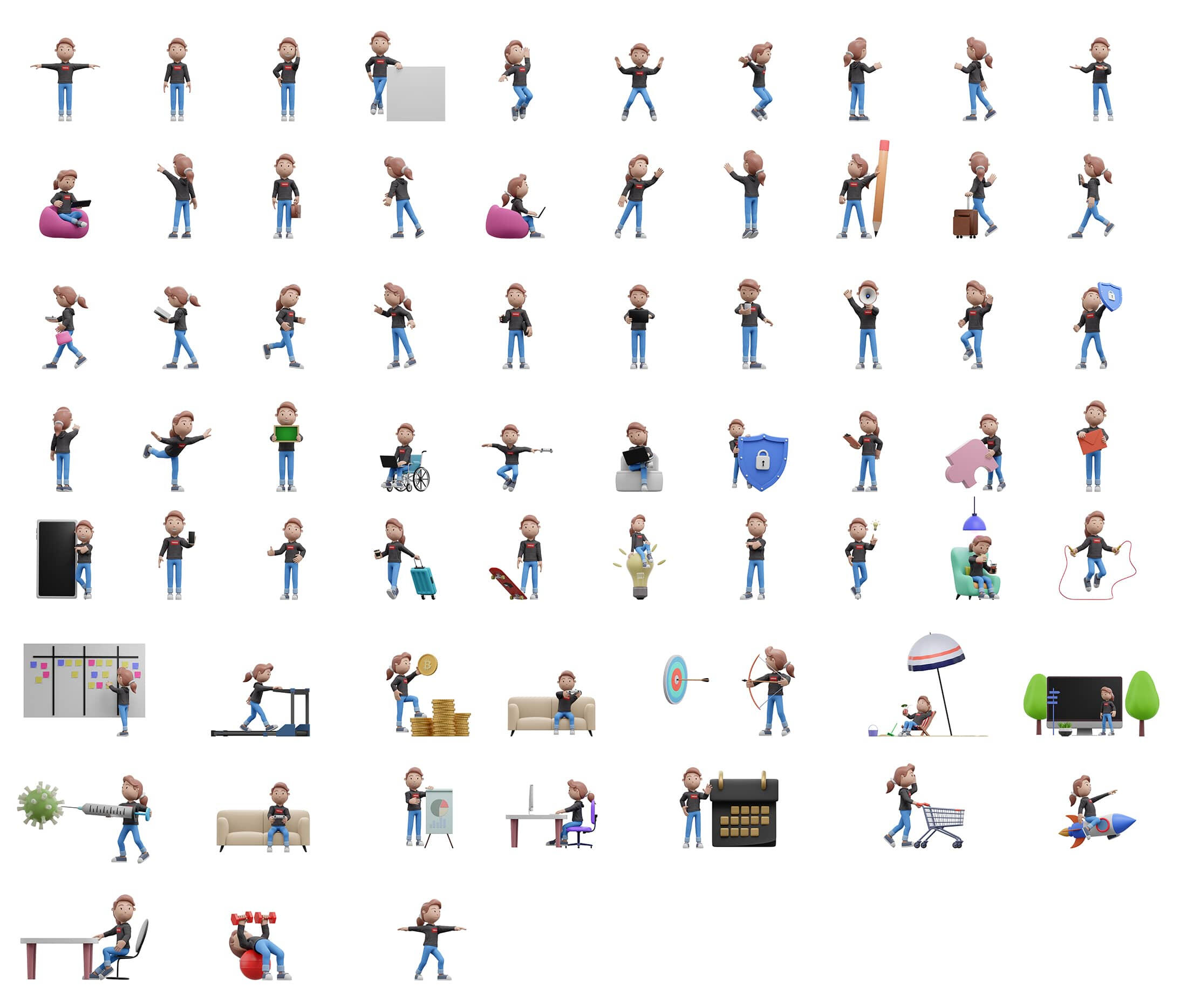 67 poses of 3D characters. All of them are included our 3D illustration library.