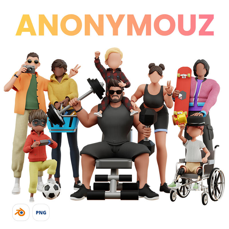Anonymouz - Faceless rigged 3D cartoon characters. Adults, Kids and Musculars in various poses included. Source and PNG files included.