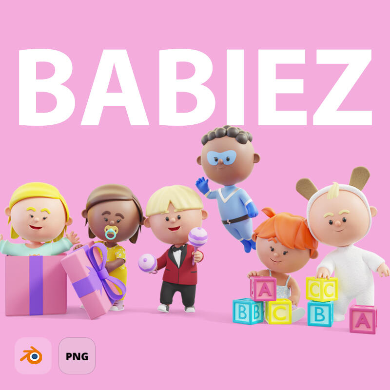 Cute baby 3D characters in various poses and outfits