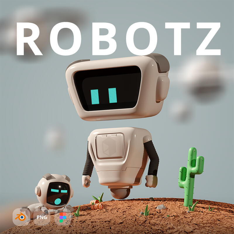Cartoon 3D robots illustrations ROBOTZ - Free modular 3D cartoon robot with various heads, bodies, hands, and accessories. Blender, Figma, and PNG files are included.