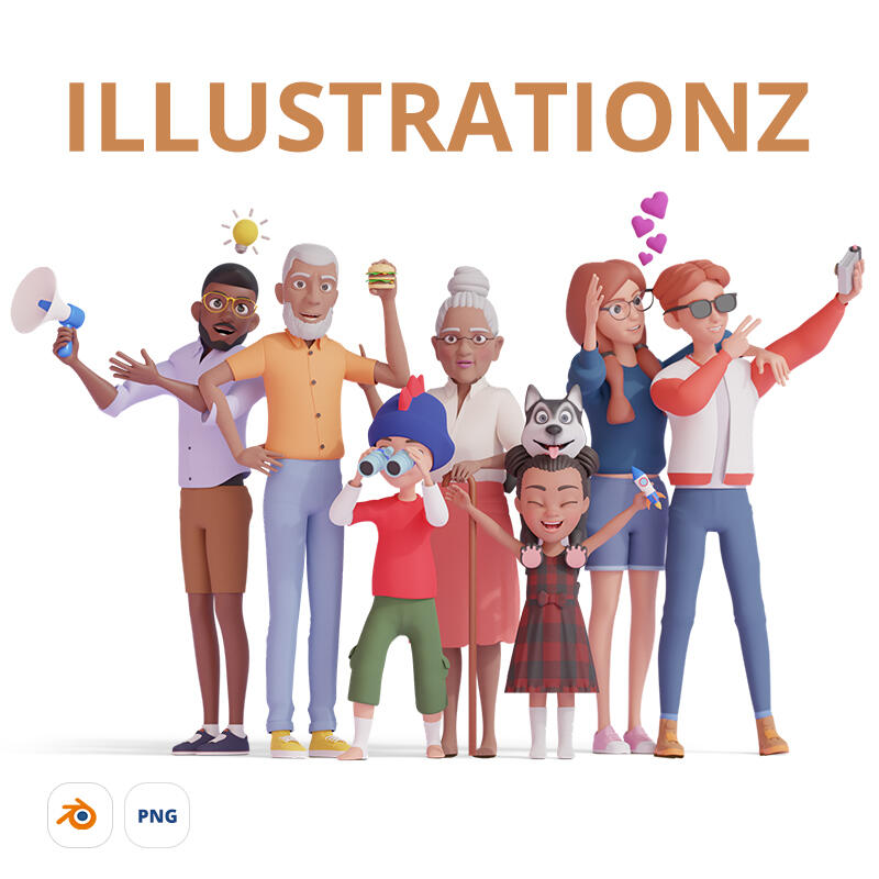 Modular 3D illustration pack of diverse 3D characters ILLUSTRATIONZ - Massive & multi-purpose 3D library of 167,000,000+ combinations of 3D cartoon characters. Adults, Kids, Elders, and Pets are included.