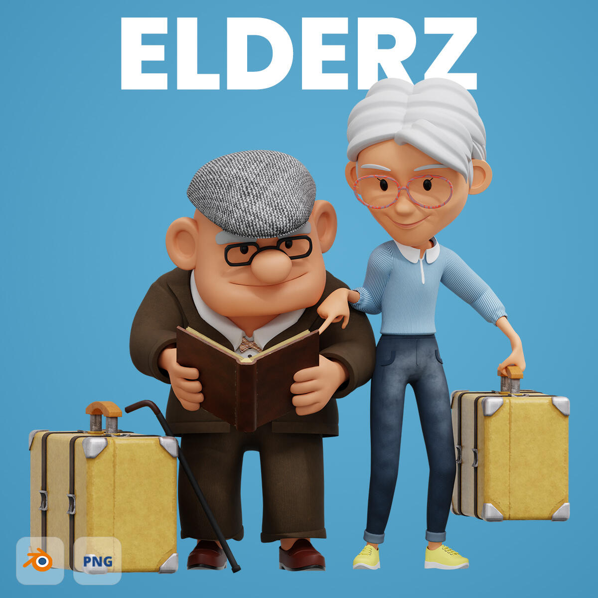 Elder 3D characters modular in cartoon style 3D elder characters in various poses and outifts