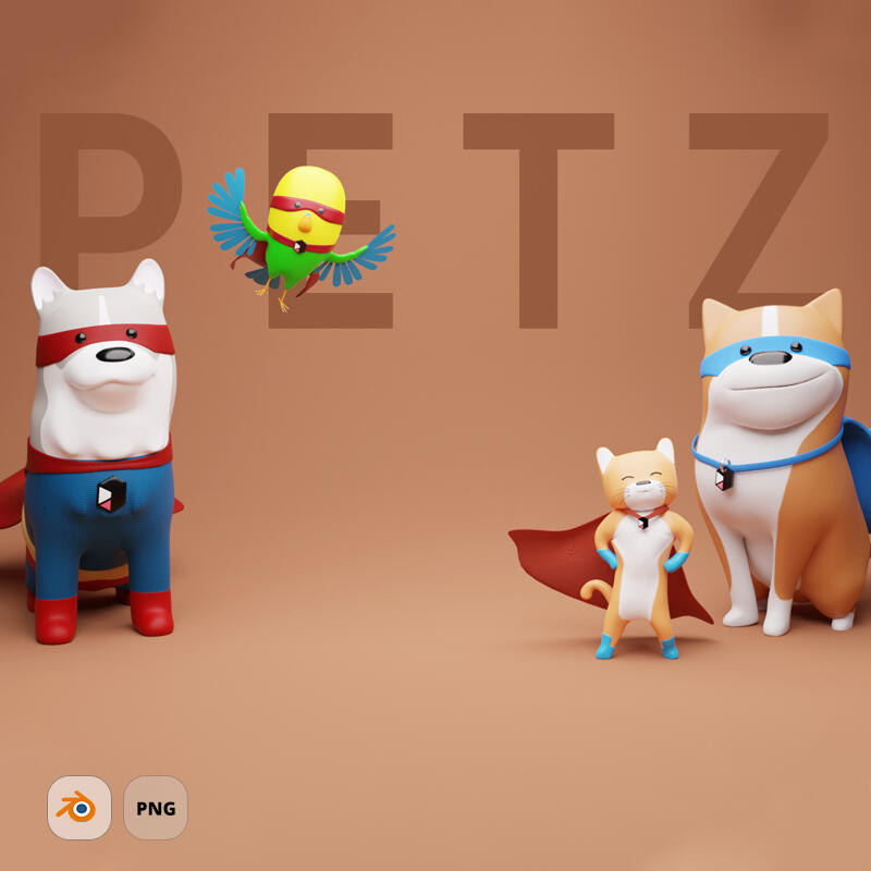 Adorable 3D pets - 3D cat, 3D dog, 3D bird in various poses. Adorable 3D pets in various poses