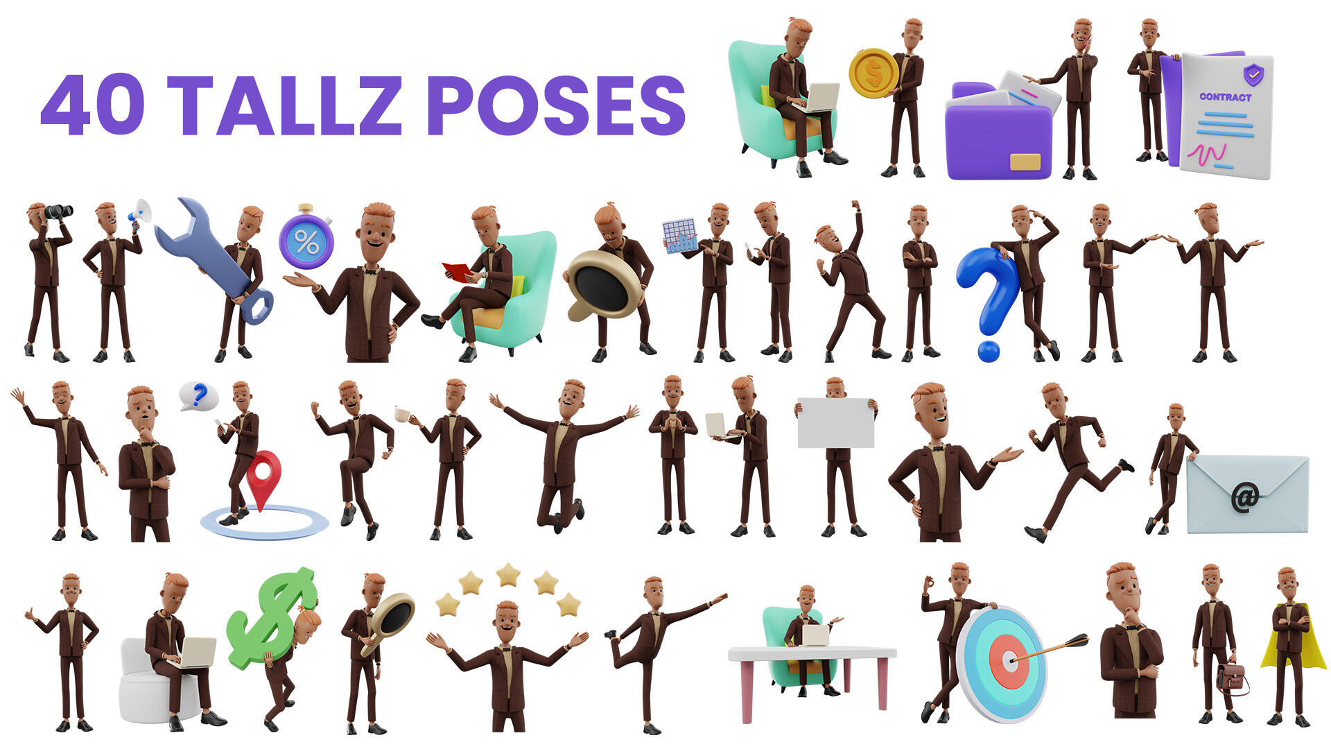 40 poses of tall 3D character 3D tall character in 67 poses