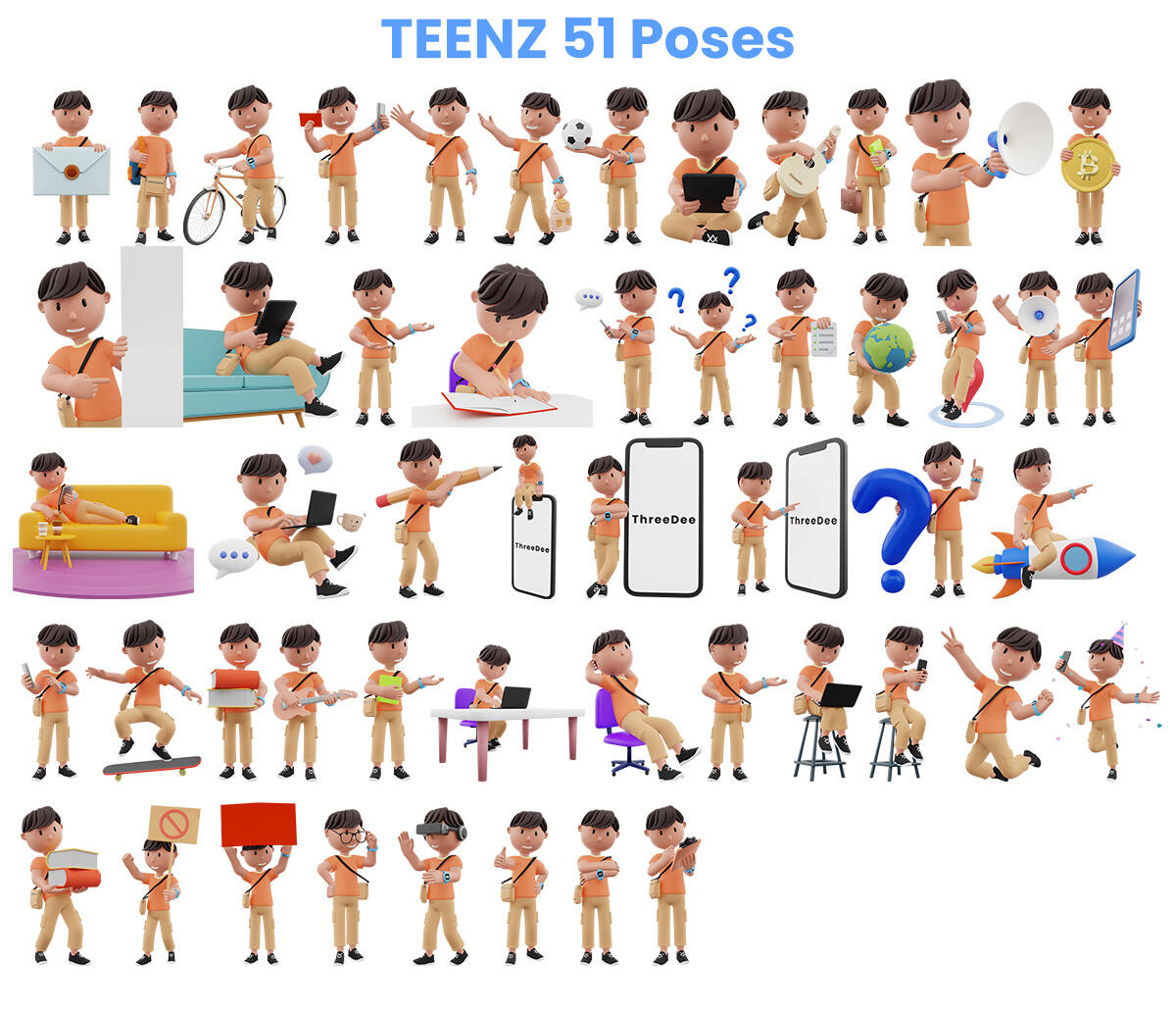 51 poses of teen 3D character 3D teen character in 67 poses