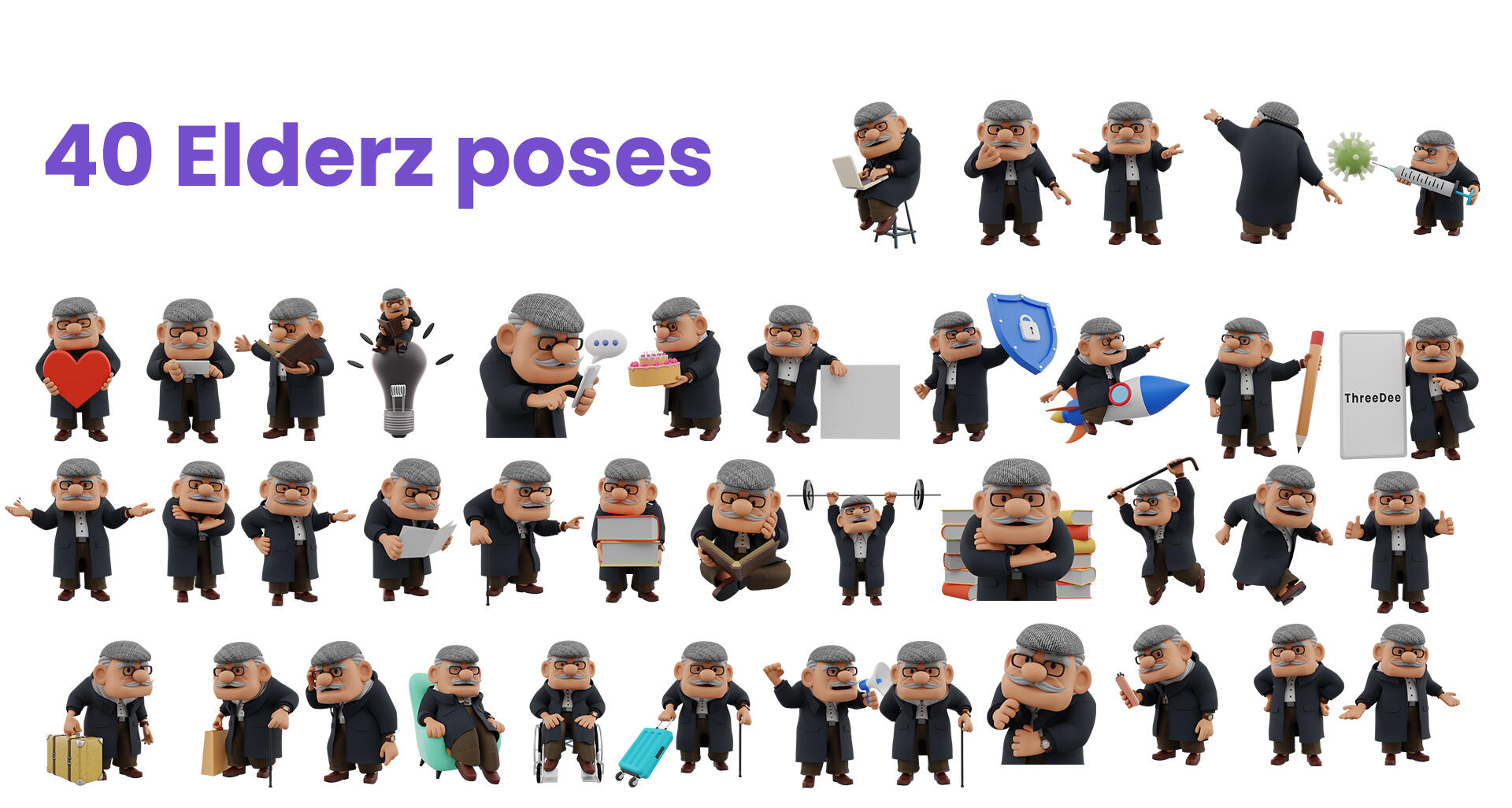 40 poses of elder 3D character 3D elder character in 40 poses