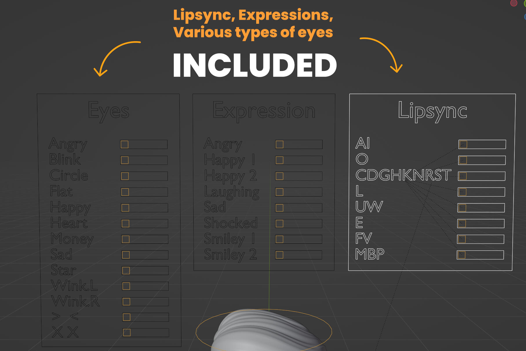Lipsync, Facial Expressions, and various types of eyes are included in the 3D character pack 3D character pack with Lipsync, Expressions and Various types of eyes.