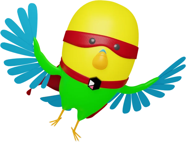 Petz bird with a red mask and cape