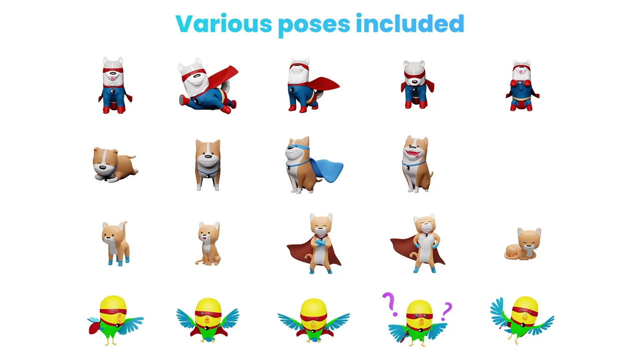 Nineteen original Petz poses across two dogs, a cat and a bird
