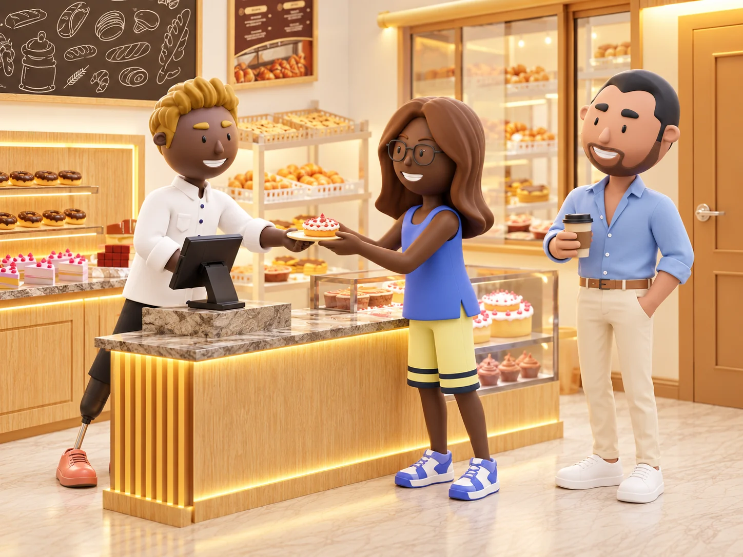Scene concept: Adultz chef serves a pastry to two customers in the Roomz bakery