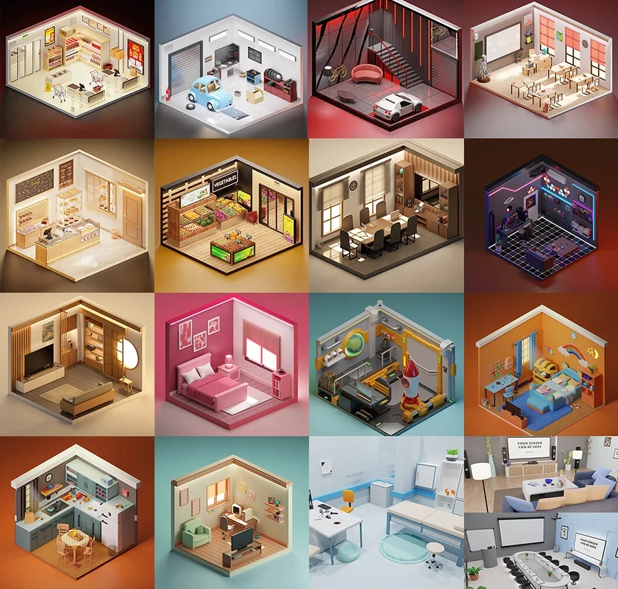 Overview of the seventeen furnished Roomz environments