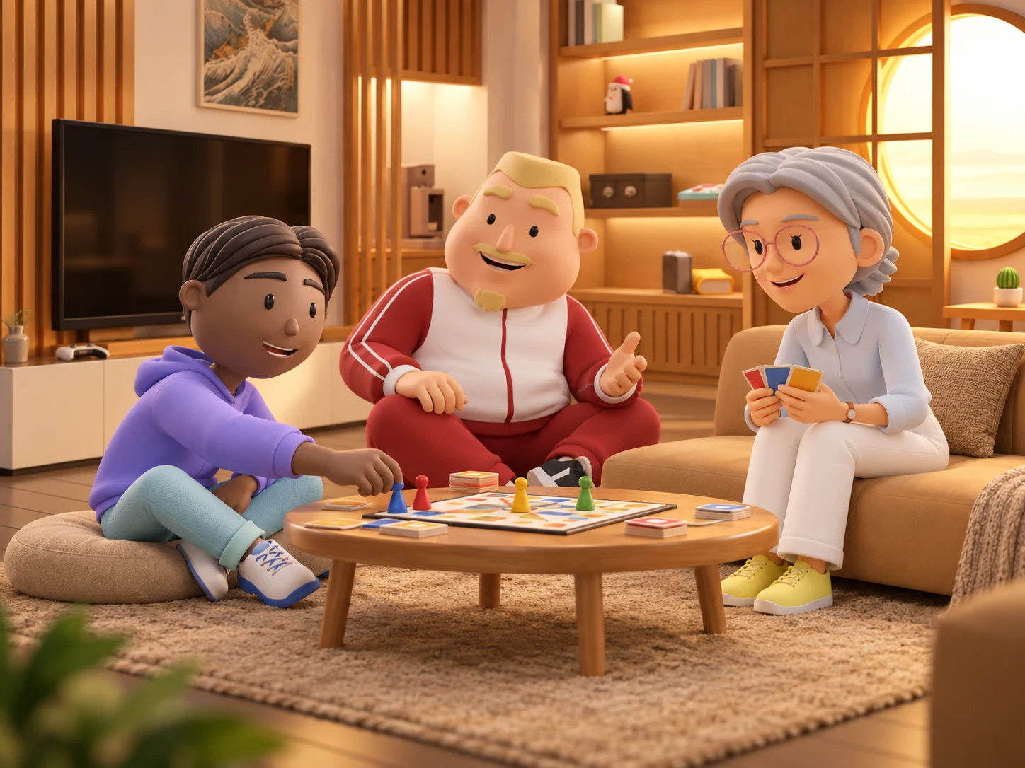 Concept: Family game night, combining Elderz + Teenz + Unclez + Roomz