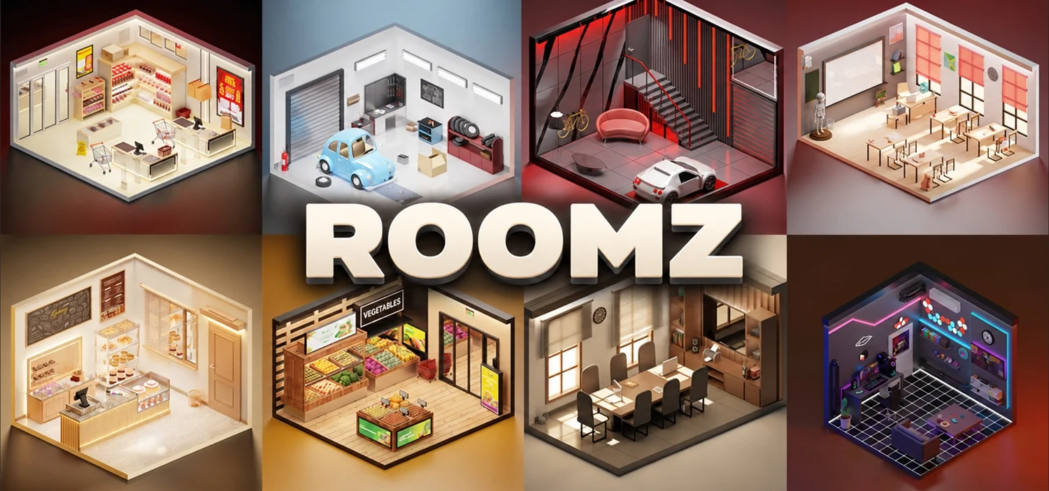 ROOMZ: furnished shops, a classroom, garages, a bakery, an office and a gaming room