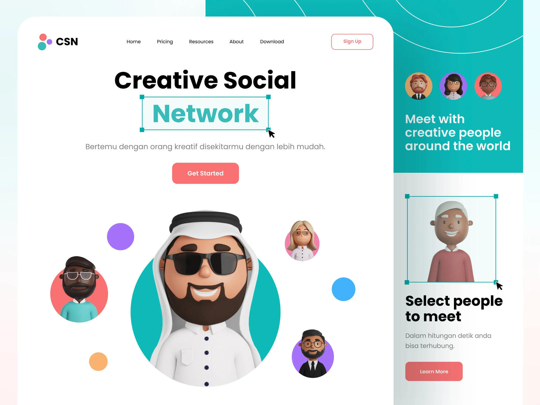 Characterz avatars in a creative network website design