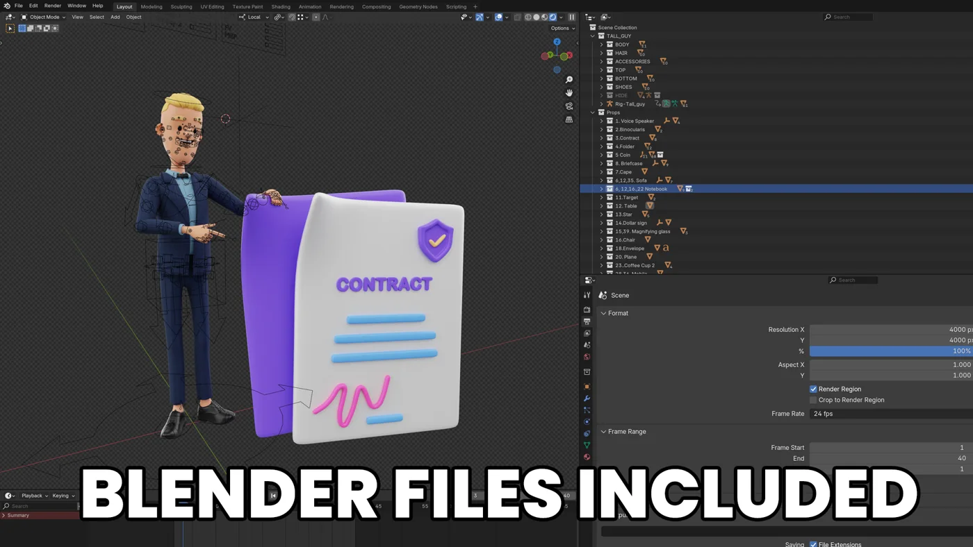 Tallz character and lighting scene open in Blender